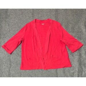 Studio Works Womens XL Cardigan Red Open Front Roll Tab Sleeve Cotton